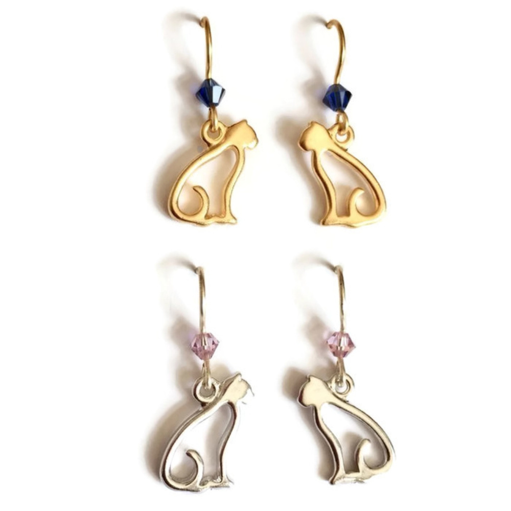 Handmade Silver OR Gold Birthstone Cat Earrings
